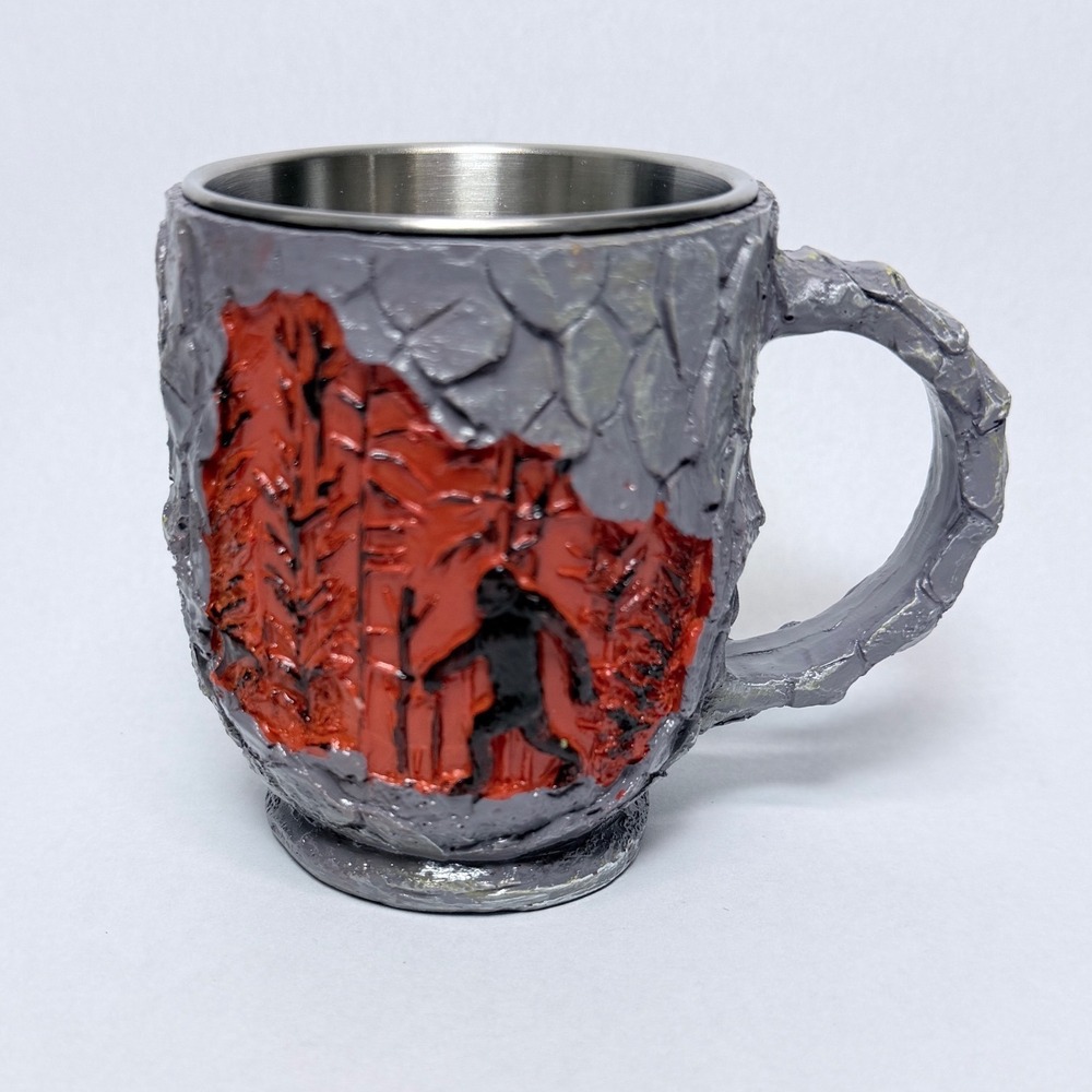 Bigfoot Sasquatch Coffee Mug Stainless Steel Liner Gray Stone Texture Red Forest